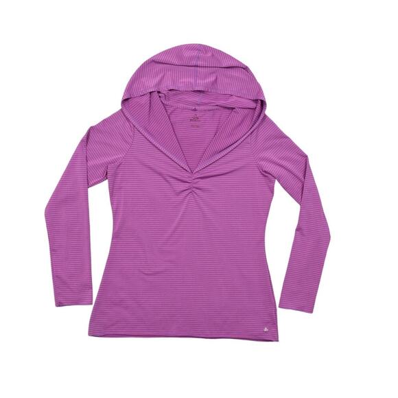 prAna Pink Pullover Hoodie - Polyester, L, V Neck Stretch Long Sleeve Striped - Picture 1 of 7